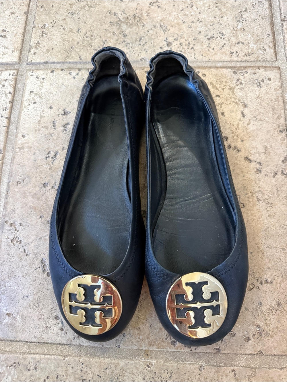 Tory Burch Black Leather Ballet Flats with Gold Logo Medallion